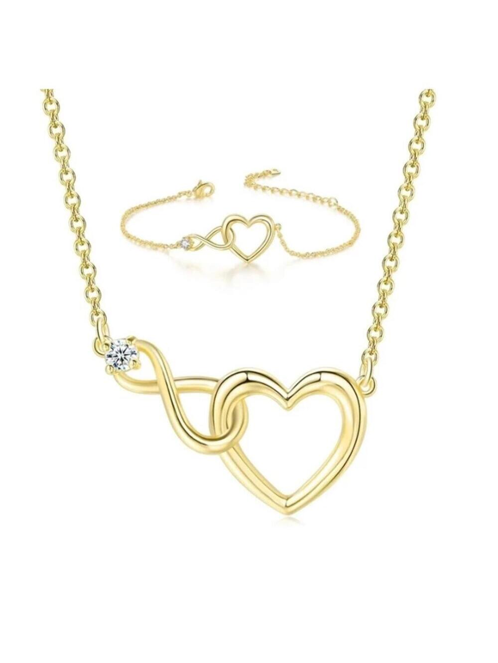 Infinity Heart Set - Gold - CZs - 16-18" Necklace & Bracelet